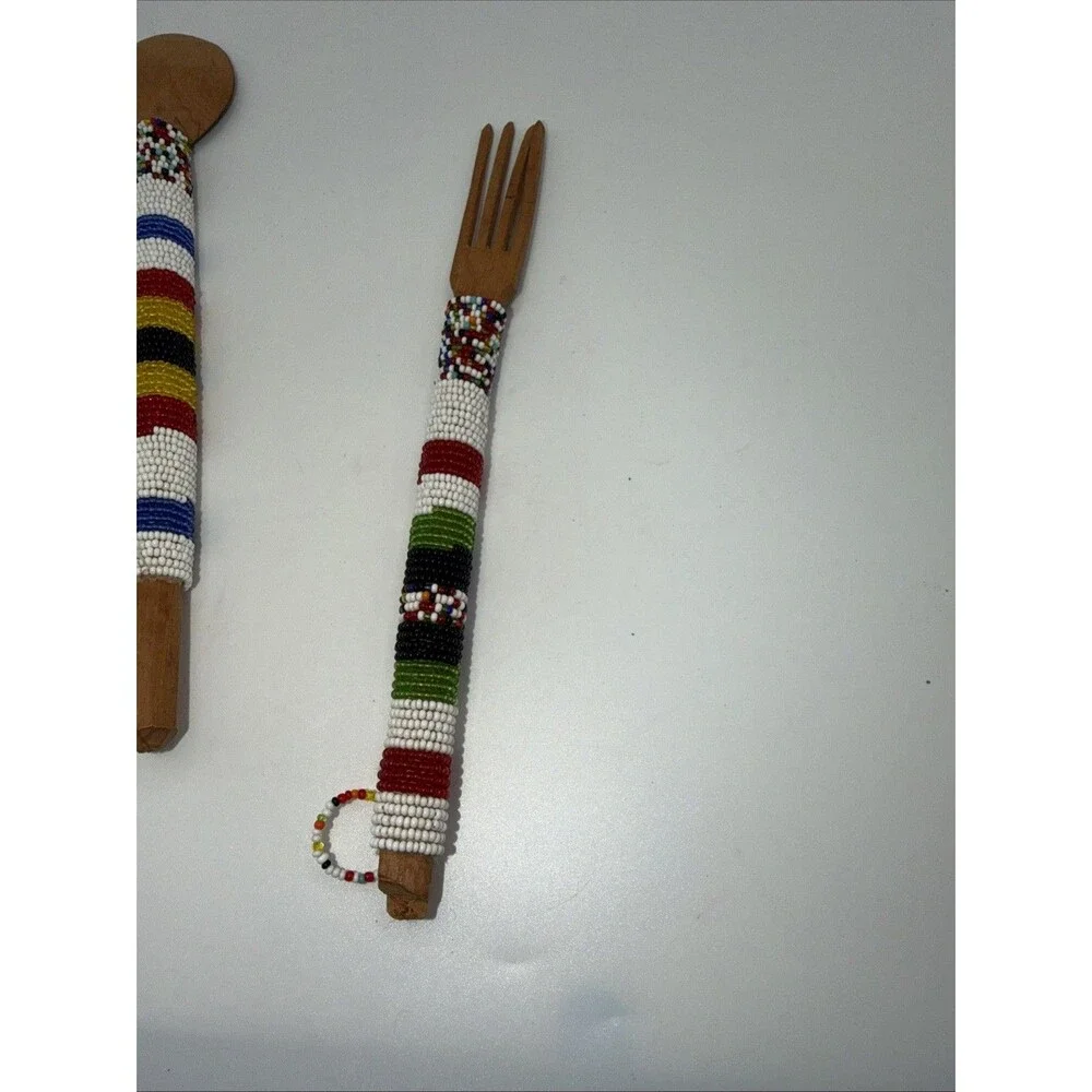 Native American Tribal Salad Spoon Fork With Seed Bead Handmade Rare Wooden